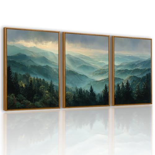 QTUSYUR Sage Green Mountain Wall Art - Large Farmed Pine Forest Landscape Art Print - Abstract Nature Adventure Artwork for Farmhouse Bedroom Living Room- Misty Mountains Triptych Decor 16”×24”×3 - style: mountain