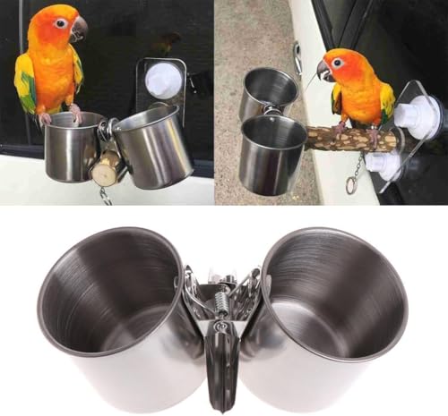 Silver Parrot Feeding Cups Hanging Pet Animal Stainless Steel Birdcage Bowls Bird Bowls for Cage Parakeet Cage Accessories Suitable Small Medium Bird Pet Supplies