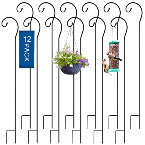 Hicarer 12 Pcs Shepherds Hooks for Outdoor 45 Inch 1/3 Bird Feeder Pole Rust Resistant Steel Shepard Hooks for Wedding Garden Bird Feeders Hanging Lanterns Solar Outdoor Lights - size: 45 Inch