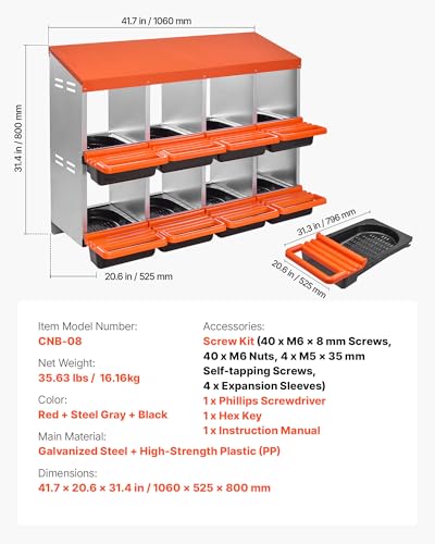 VEVOR 2 Tiers Chicken Nesting Boxes, 8 Compartments, Metal Egg Laying Boxes with Protective Collection Lids, Roll Out Nesting Box, Easy to Assemble, Ideal for Hens, Ducks, Chickens, and Other Poultry - size: 41.7"L x 20.6"W x 31.4"H