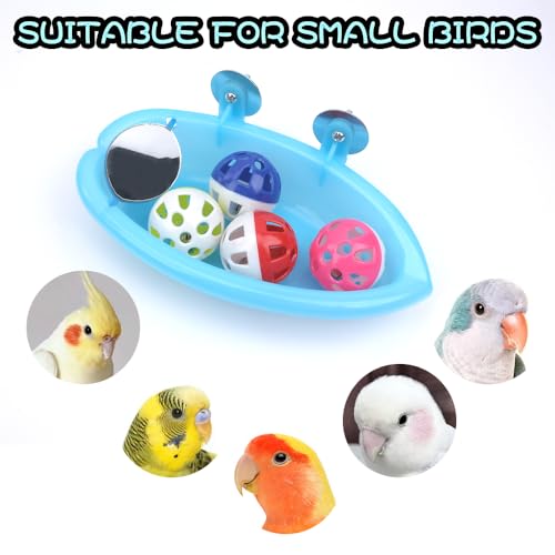 Cage Bird Bath with Mirror Bells Fun Play Bathing Toy for Parrots Budgies Small Birds