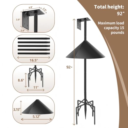 92" Bird Feeder Pole with Squirrel Baffle, 1" Heavy Duty Metal Stand | 5-Prong ground base birdhouse pole mount kit, 2 plates for smart bird feeder, rustproof outdoor post for bluebird houses - size: 92 Inch-Squirrel Baffle