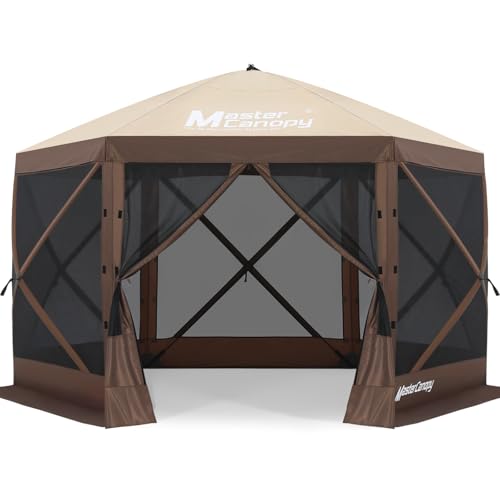 MASTERCANOPY 12x12Pop Up Gazebo Screen Room with Netting Beige&Coffee | Full-Screen Netting Walls Keep Bugs Out Quick SetUp Screen House Room for Camping, Backyard, Patio - color: Beige&Coffee, size: 12x12 ft