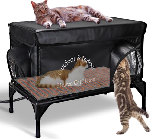 Heated Cat House for Outside Cat in Winter, Insulated Outdoor Feral Cat Shelter with Cat Heating Pad, 2 Doors,Elevated Waterproof Heated Kitty House (Black, 25"x13.7"x18") - style: Black Cat House 02