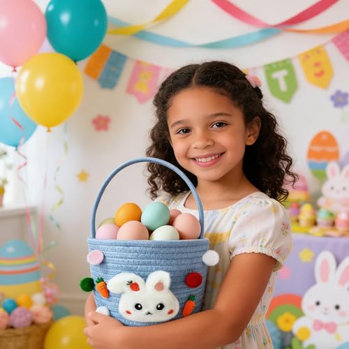 Easter Bunny Baskets for Kids, Baby Easter Empty Egg Basket with Handle, Woven Rope Cute Treasure Egg Hunt Baskets for Boys Girls Toddler, Easter Gifts, Blue - color: Blue