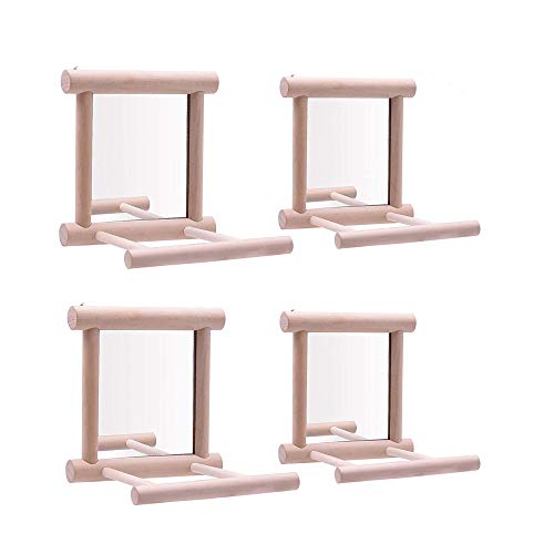 HANZE Bird Mirror With Swing, Hummingbird Perches for Parrots Stand, Wooden Toy for Macaws, Lovebird, Cockatoo, Parakeet, Conure, Finch, Cockatiels - 4 Pack - color: 4 Pack