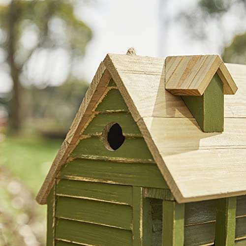 Glitzhome 14.25" L Wood Hanging Birdhouse for Outdoors Oversized Distressed Cottage Bird House Rustic Painted Bird House for Bluebird Wren Chickadee Sparrow Bird Nest Box for Garden Patio, Green - color: 14.25"L Green 4-Room Villa