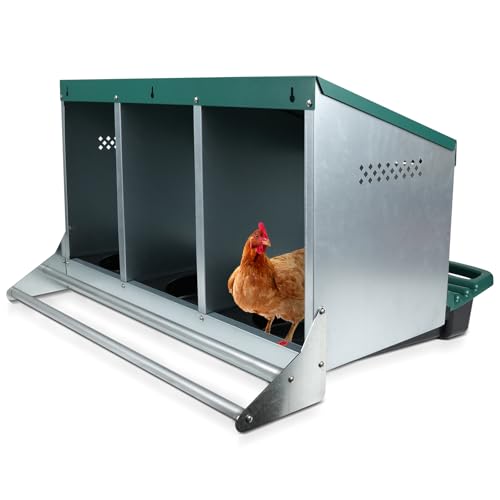 Chicken Nesting Box, 3 Holes Nesting Boxes, Heavy Duty Metal Laying Boxes, Roll Away Nesting Box Egg Collection Tray, with Roosting Pole for Chicken Coop(Green) - size: 3 Holes