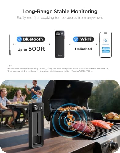 GoveeLife Smart Bluetooth Wireless Meat Thermometer Digital with App Alerts | WiFi Unlimited Range, IP68 Waterproof, Charge Magnetic Base, Timer Mode, Kitchen Thermometer Suitable for BBQ, Grill, Smoker - style: 1 Probe