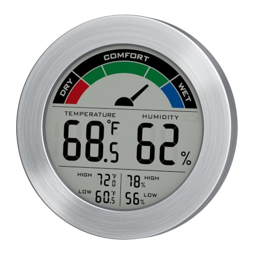Digital Hygrometer Indoor Thermometer, Brushed Metal Frame, Silver | Large round display, clear digits, accurate readings, comfort gauge, humidity meter, room temperature and humidity monitor - color: Silver Stainless