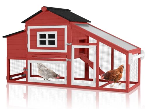 Chicken Coop Expandable Chicken House for Outdoor with Wheels Nesting Box, Leakproof Pull-on Tray, and UV-Resistant Roof Panel - Red
