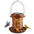 Solar Bird Feeder for Outdoors, Hanging Metal Bird Feeders with Flying Bird Carved Design, Auto-On Night Light, for Hummingbirds Cardinals Orioles Finches Bluebirds, Unique Gift for Bird Lovers - size: 6.4”