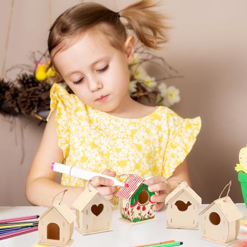 Outus 12 Pcs Wooden Birdhouse Craft Kits to Build, 4 Shapes Wooden Unfinished Bird House with Butterfly Sticker for and Arts Crafts Bulk Painting Kits (Lovely) - style: Lovely
