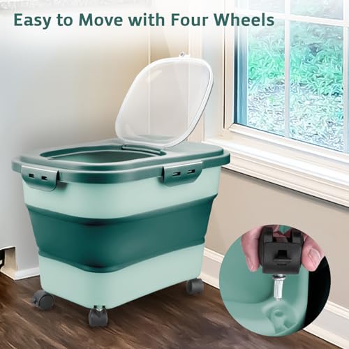 Rice Storage Containers, Collapsible 20 to 30Lbs Food Storage Bin Dispenser with Rolling Wheel and Clear Airtight Lid, BPA Free Flour, Sugar, Cereal and Dog Cat Pet food Containers - color: Green