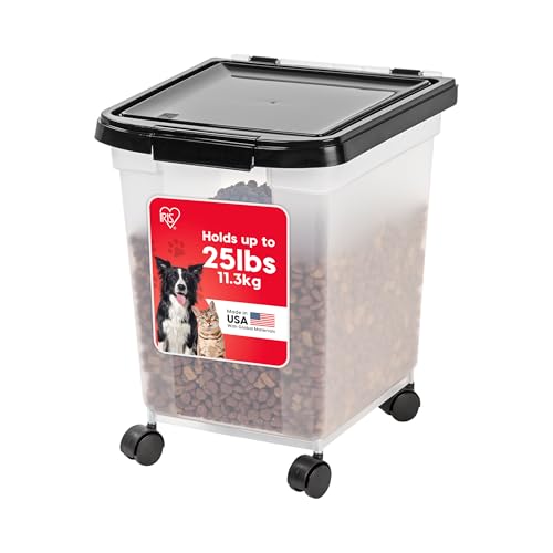 IRIS USA Dog Food Storage Container, Up to 25 lbs, Black, Made in USA | Wheels for Mobility, Airtight Seal, BPA-Free, Best for Bird Seed, Cat food, Cat Litter, Chicken Feed, Pellets - color: Black, size: 25 lbs