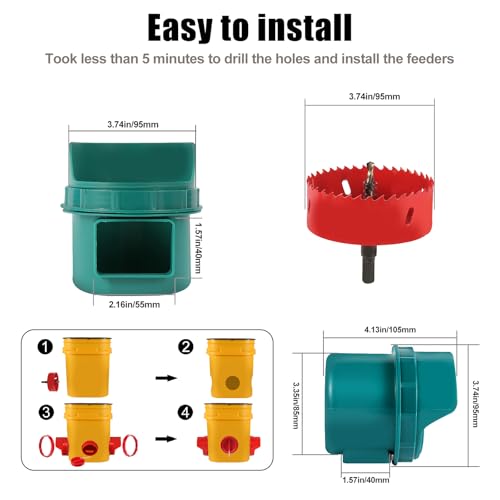 Chicken Feeder No Waste, 6 Ports Automatic Poultry Feeder with Covers & Hole Saw, Rain Proof Chicken Feeder Port for Buckets, Bins & Barrels - color: Green