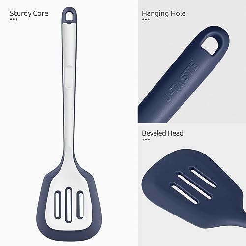 U-Taste Silicone Turner Spatula Set of 2, 13.6"Long/3.7"Wide, Midnight Blue | 600ºF Heat Resistant Food Grade Silicone Cooking Utensils Set, Wide Large Solid & Slotted Turner Pancake Egg Flipper - color: Midnight Blue