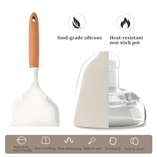 Wide silicone spatula tamagoyaki shovel,Omelette pan turner | for pancakes, eggs, fish, steak and pizza, nonstick cookware, wooden handle (White) - color: White