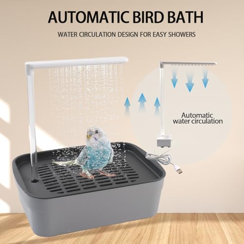 PINVNBY Automatic Bird Bath Shower for Cage,Parrot Bath Box with Pump,Parakeet Bathtub Electric Fountain Circulating Water Contains USB Power Plug for Cockatiel Lovebird Conure Budgie(Gray) - color: 【Grey】
