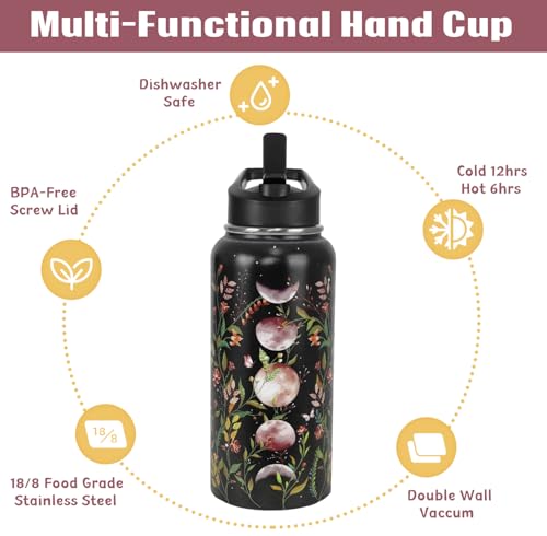Goth Water Bottle with Straws Insulated Bottle Halloween Gothic Flower Moon Travel Thermal Double Walled Vacuum Cup Leak Proof Stainless Steel Tumbler Witchy Decor Gifts-32 oz - color: Champagne gold black