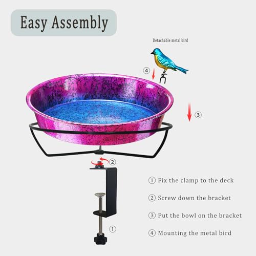 Metal Deck Bird Bath for Balcony Railing, Metallic Purple & Blue 11.5” Bathing Bowl & Feeder with Adjustable Steel Clamp Outdoor Garden Decor Yard Art (0.7 Gallon) - color: Metallic Purple/Blue