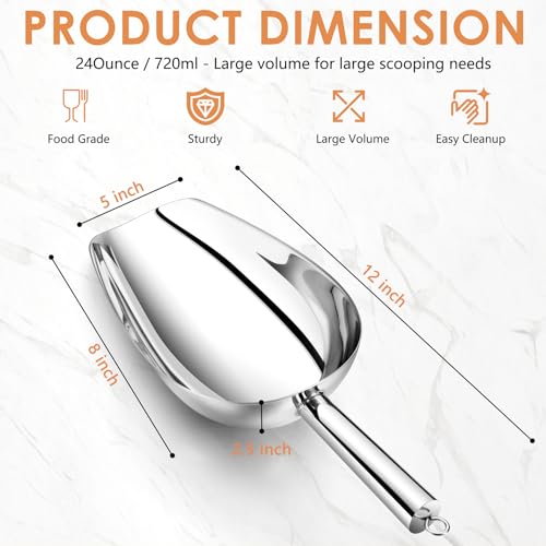 TeamFar Ice Scoop 24 oz, Stainless Steel Big Large Scoop, for Sweet Food Popcorn Flour, Healthy & Heavy Duty - Dishwasher Safe (Pack of 2) - size: 24 oz (Pack of 2)