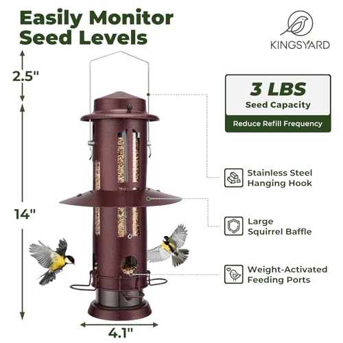 Kingsyard Squirrel Proof Bird Feeders for Outdoors Hanging | 4 Ports with Weight-Activated Perch, Chew-Proof Metal, Removable Easy-to-Clean Base, 3 lb Seed Capacity, Antique Copper - color: Antique Copper