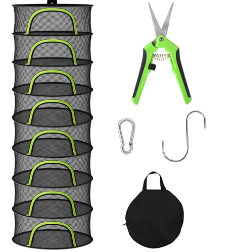 Herb Drying Rack Hanging Mesh 8 Layer 24" with Zipper, Garden Pruning Shear, Hook & Carabiner Clip for Drying Herbs, Plants, Seeds, Buds | Hydroponics & Grow Tents Herb Dryer Hanging Rack - style: 8 Layer 24"