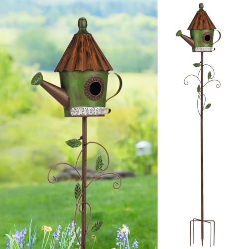 BAYN 57” Metal Bird House Stake for Outside Decorative | Kettle Design, Double-hole, Easy Assembly, Cleaning Door, Sturdy Wild Birdhouse on 5 Pronged Garden Stake Pole - style: Kettles