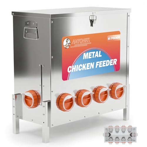 85LBS of Feed Chicken Feeder No Waste 10-Ports Automatic Large Poultry Feeder with Adjustable Legs Perspective Window Latch & Handle for Chickens Bantams Pheasants - size: 10 Ports - 85-120 LBS