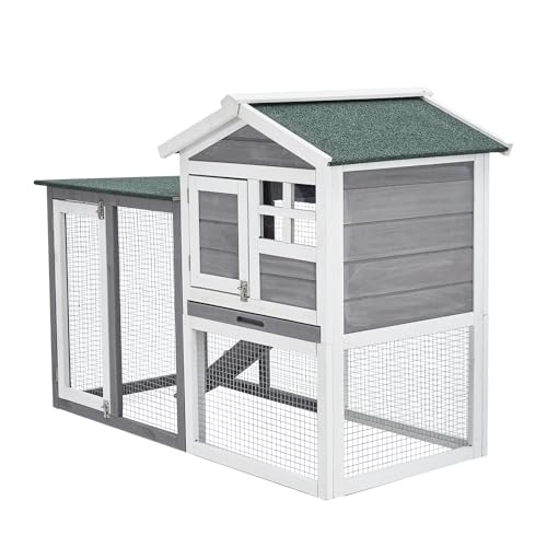 2-Story Wooden Rabbit Hutch & Chicken Coop, Indoor/Outdoor Bunny Cage with Waterproof Roof, Removable Cleaning Tray & Access Ramp for Chicken, Rabbit - size: 46.5 inch