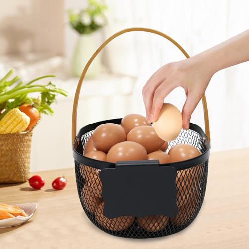 Farmhouse Egg Baskets for Gathering Fresh Eggs, Oval Metal Egg Collecting Basket Egg Holder with Wooden Handle, Countertop Kitchen Decor