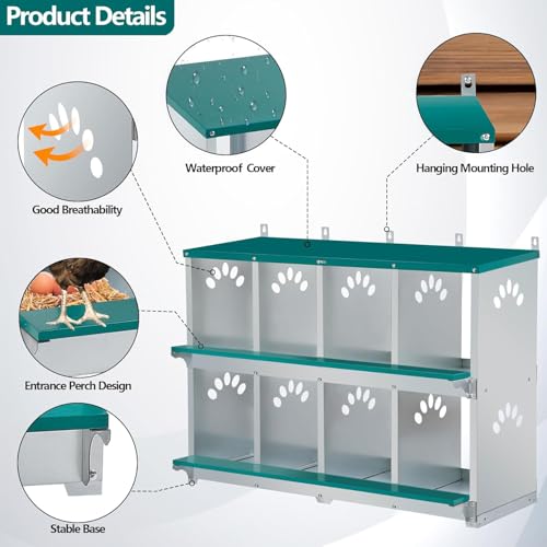 Chicken Nesting Box, 8 Compartment Metal Nesting Box | Wall Mountable Nesting Boxes for Chicken, 42.5" L x 13.0" W x 25.0" H, Green