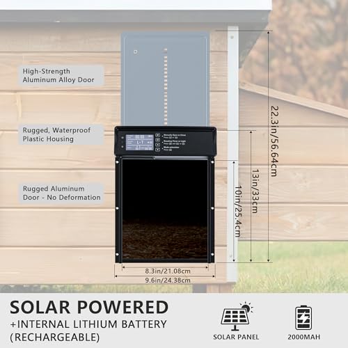 Automatic Chicken Coop Door Solar Powered, LCD Screen Electric Chicken Coop Door with Timer & Light Sensor, 4 Modes Solar Chicken Coop Door, Anti-Pinch & Door Pry Warning Coop Door with Remote Control