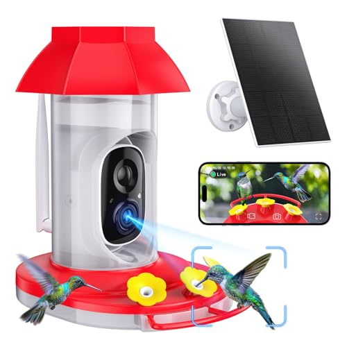 Smart Hummingbird Feeder with Camera, Solar Powered, AI Recognition | Bird Watching Camera for Outdoors, Live Videos, Ant Moat, Bee Proof, Nature Gifts for Bird Lovers - color: Red