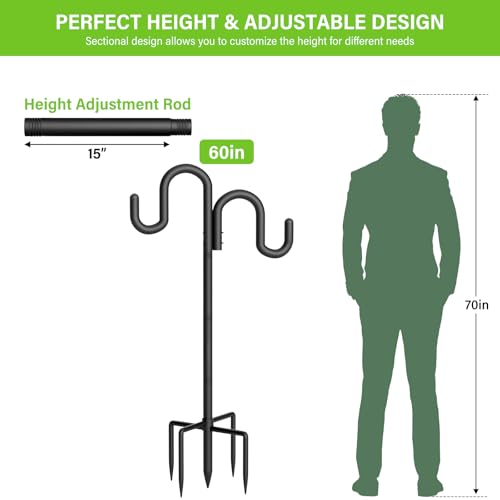 Double Shepherd Hook for Outdoor, 60" Heavy Duty Bird Feeder Pole with 5-Prong Base, Adjustable Thickened Shepherd Hook for Bird Feeder, Flower Baskets, Solar Lights, Lanterns, Black, 2 Pack - size: 60 Inch