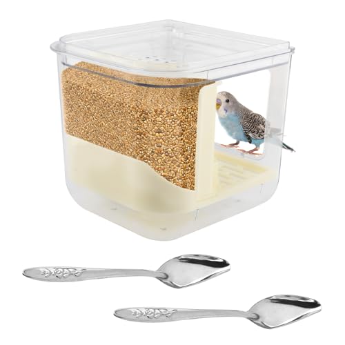 Automatic Bird Feeder with 2 Spoons, No Mess Bird Feeder for Cage, Transparent Bi-rd Cage Accessories for Parakeet Canary Cockatiel Finch(Color:White)