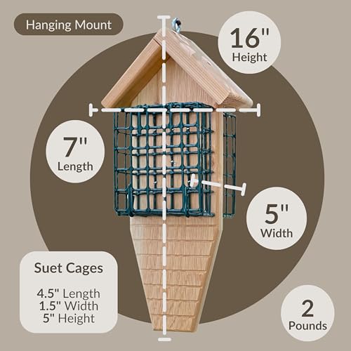 DutchCrafters Double Suet Cage Cedar Wood Bird Feeder with Grooved Tail Prop, Outdoor Wooden Suet Cake Holder Bird Feeder, Hanging Mount - Amish Made in USA