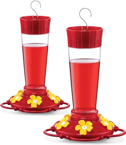 Hummingbird Feeder [Set of 2] Leakproof Clear Plastic 10 oz Wide Mouth. | Features A Built-in Ant Guard - Circular Perch with 5 Feeding Ports - Wide Mouth/2 Part Base for Easy Filling & Cleaning. - size: 10 oz - 2 Pack