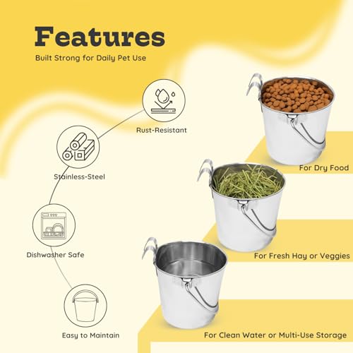 6 Quart Stainless Steel Flat Sided Bucket with Dual Hooks | 2 Pcs Food & Water Bowl for XL Dog Goat Cattle Horse & Livestock | Fits kennel Crate Cages Farm Hanging Pet Pail | Multipurpose - size: 6 Quart (Pack of 2)