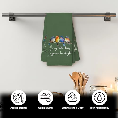 Every Little Thing is Gonna Be Alright Kitchen Towels 16x24 Inch, Sparrow Bird Gifts for Bird Lovers Women, Inspirational Quotes Tea Hand Towels(Green) - color: Green