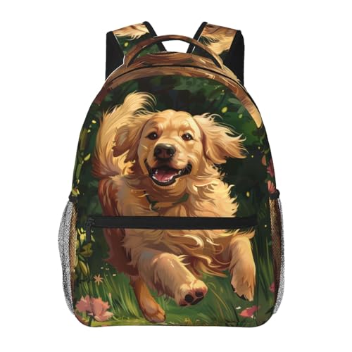 Running Golden Retriever Backpack for Women Teen Girls School Laptop College Playful Dog in Forest with Flowers Backpacks for Gifts Travel Hiking Work Camping, Polyester Lightweight Bookbag Back Pack - color: Golden Retriever27