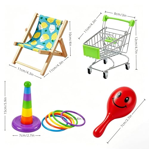 DRESSO Bird Toys for Parakeets Cockatiels Conures Lovebirds - 4PCS Parrot Training Toy Set with Mini Shopping Cart, Rattle, Ring Stacker & Beach Chair, Fun Bird Interactive Toys Set