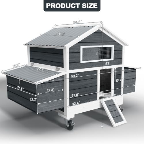 Large Chicken Coop with Wheels, Waterproof Outdoor Hen House for 6-8 Chickens, Movable Chicken House with Two Nesting Box, Removable Tray, PVC Cover, Wooden Duck Coop Rabbit Hutch(Black) - size: 61.0"L x 33.0"W x 58.0"H