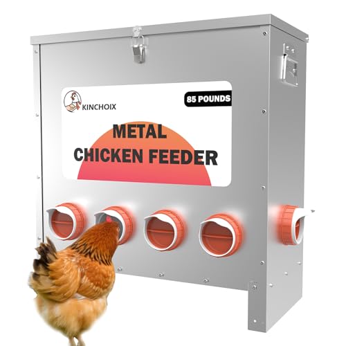 Metal Chicken Feeder Large Capacity 85lbs Automatic Metal Rat Proof Chicken Feeders No Waster Weatherproof Poultry Feeder for Chickens, Geese, Ducks, Turkeys, Quails (10-Port) - style: 85lb Feeder with 10 Ports