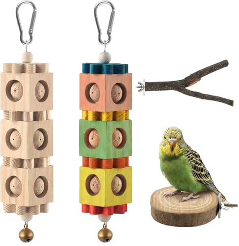 4PCS Parakeet Toys Bird Perch Set with Forked Perches & Round Log Platform, Bird Toys for Parakeets Hanging Rotating Wood Block with Bell Parrot Perch for Cockatiel, Conure, Caique