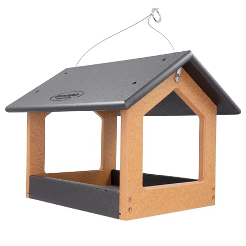 DutchCrafters Amish USA Made Recycled Plastic Large Hanging Modern Fly Through Covered Roof Open Platform Tray Bird Feeder for Outdoors, Garden, Yard (Black & Bright Cedar) - color: Black & Bright Cedar