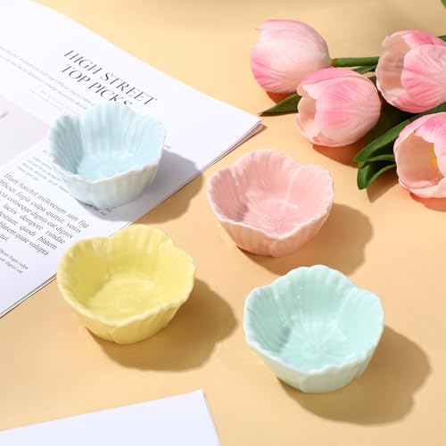 4 Pack Small Ceramic Pet Hamster Bowl, 2.68 x 2.68 x 1.38 Inch Flower Shaped Small Water and Food Bowl Feeder Dish for Guinea Pig Parrots Gerbil Rat Mice Rabbit Chinchilla, Easy to Clean Anti Flipping