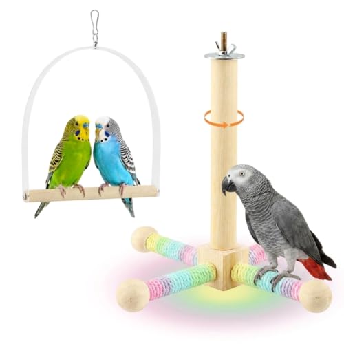 Spinning Bird Stand Perch, 360° Rotating Perch with Swing for Parrot Anxiety Relief, Wooden Bird Cage Accessories for Parakeets Budgies Cockatiels