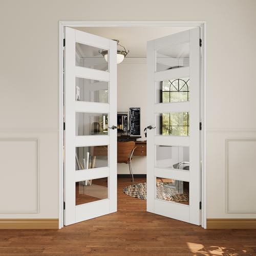48x80 Interior French Door,5-Lite Clear Glass Doors,Living Room Doors | Matte Black Hardware-Privacy Door Lever with Lock, Latch&Hinges, Solid Core,Tempered Glass,No PreDrill,Jamb Assembly Required - color: 5 Lite, Black Hinges, size: 48x80 for 50x82 open